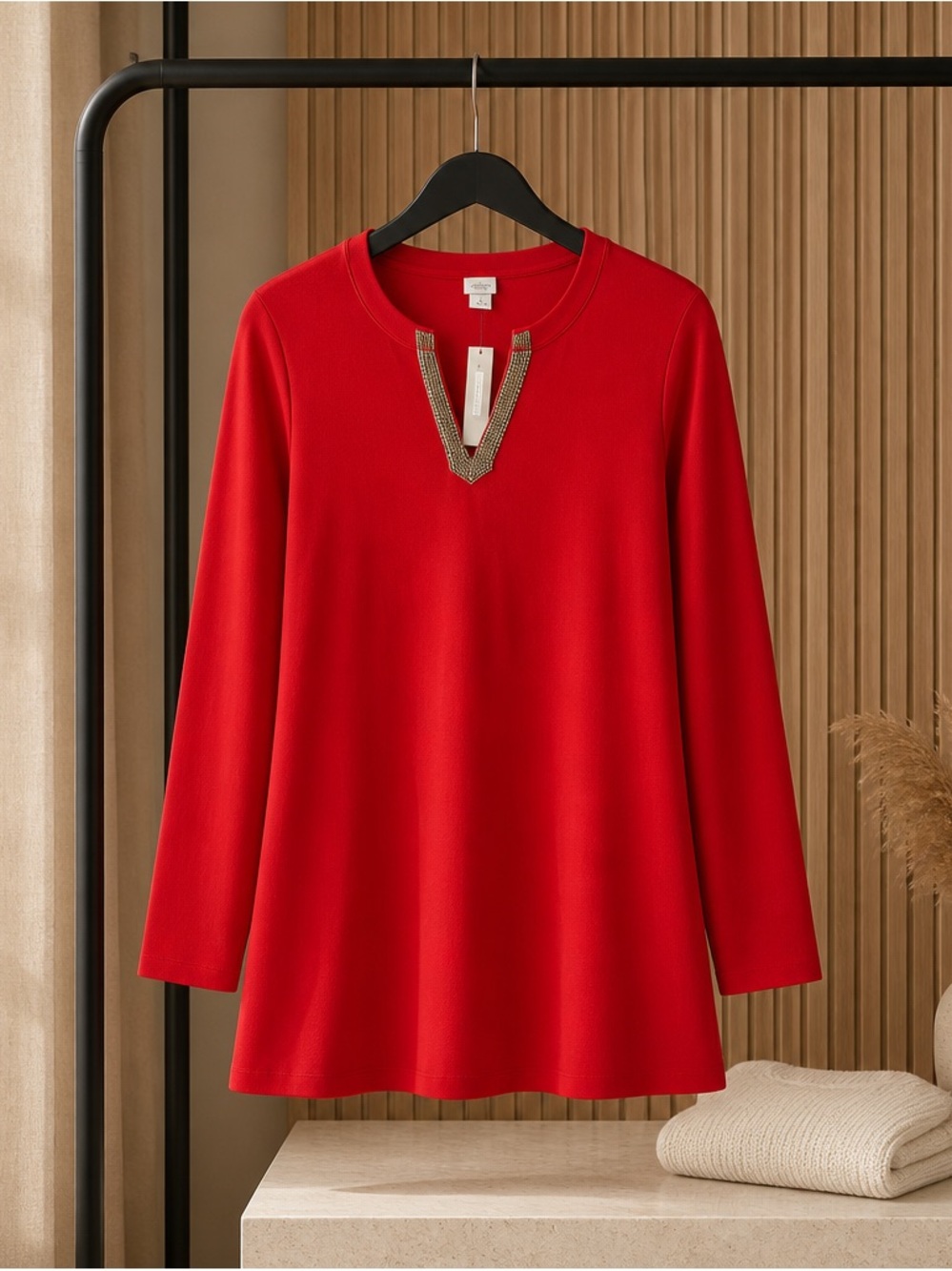 Chicos 4 (XXL) Wild Poppy Beaded Tunic Knit Top Red